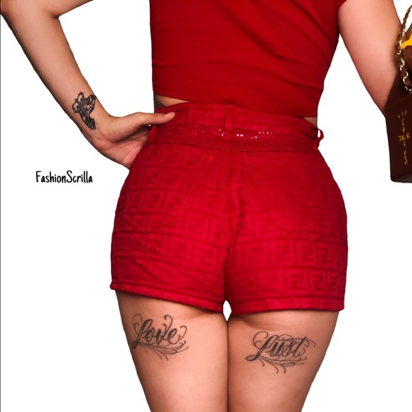 Fendi Red Zucca Monogram Logo High Waist Denim Mini Shorts - Picture 15 of 15